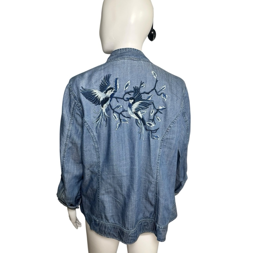 Embroidered Blue Denim Jacket Birds Zip M